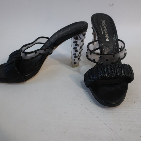 Authentic Yves Saint Laurent Ruched Leather Lucite Gem Strappy Heels 37.5 US/7.5 - Picture 1 of 12